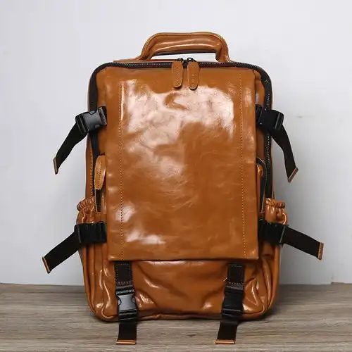 双肩包男复古手工头层牛皮背包休闲商务电脑包女书包棕色油蜡牛皮默认