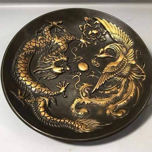 精品铜鎏金龙凤盘子龙凤呈祥浮雕工艺做工精湛家居装饰摆件简约
