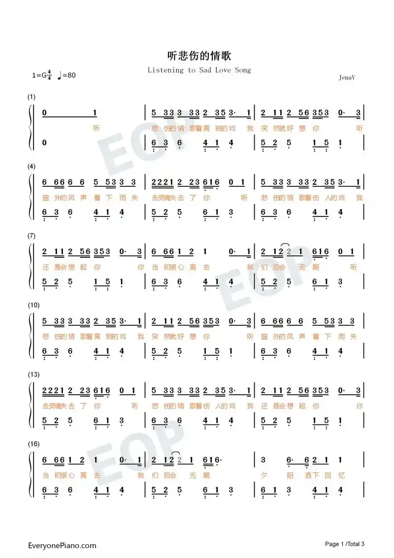《听悲伤的情歌》双手钢琴简谱.#听悲伤的情歌看离别的戏 - 抖音