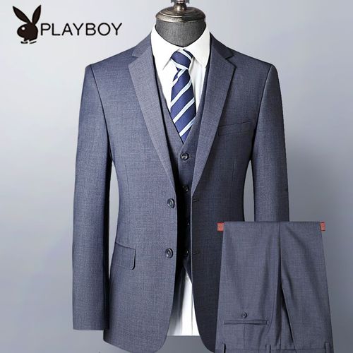 花花公子夏季灰色西装全套男休闲职业装高档薄款商务新郎结婚礼服