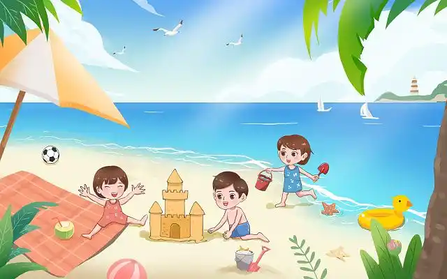 夏天卡通小孩美女海边沙滩玩耍夏至唯美夏日手绘插画卡通夏天海边沙滩