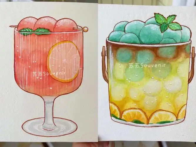 水彩手绘夏日饮品原创写生钢笔淡彩线稿图
