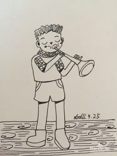 唢呐的画法可参见如下图所示.用笔画出男孩的服装.