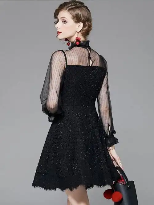 202002291710上新,优雅修身蕾丝网纱连衣裙 两色现货 s