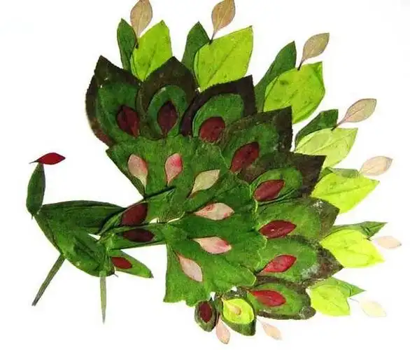 空隙处摆放红与黄的树叶作为羽毛,这样交错搭配画面就比较立体有层次