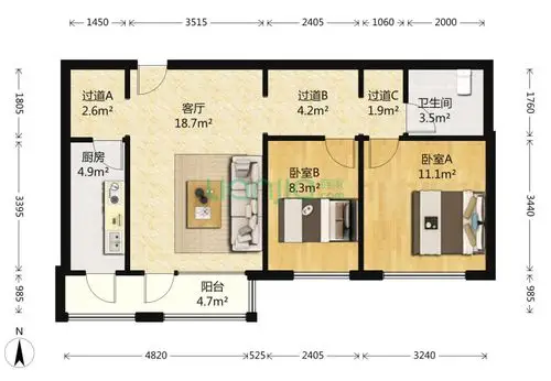北京万年花城五期2室1厅1卫90平米户型图