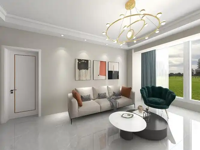 客厅沙发背景,卡其色浅灰色的调色乳胶漆,搭配简易三人沙发,和跳色