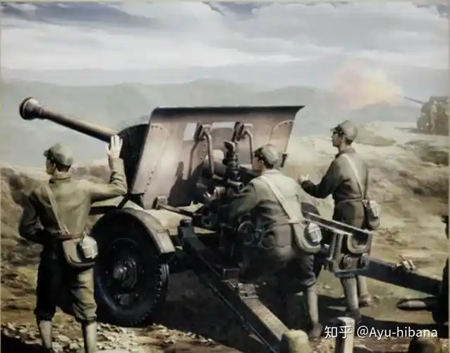 反映日军炮兵作战的油画,图中为九零式75毫米野战/反坦克炮四,战后