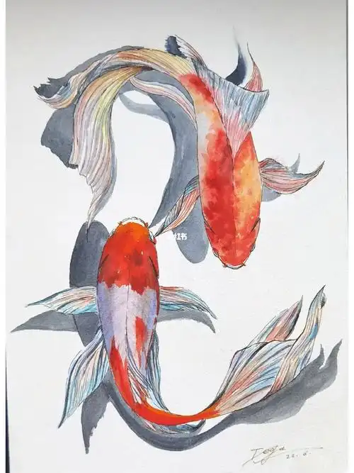 锦鲤水彩钢笔淡彩线稿