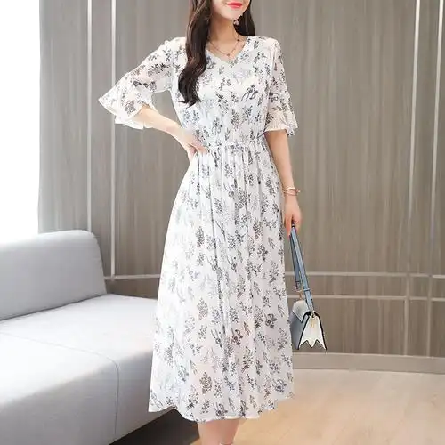 雪纺连衣裙女夏2018新款女装夏季气质修身长款裙子显瘦碎花长裙