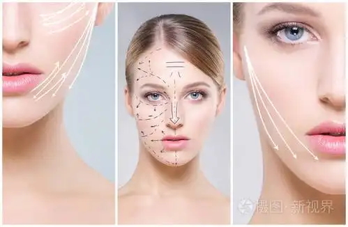 人脸在拼贴画.整形外科,医学,水疗及面部提升概念收集的年轻健康女性