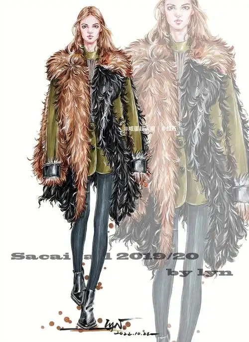 服装手绘彩色效果图水彩时装画皮草考研