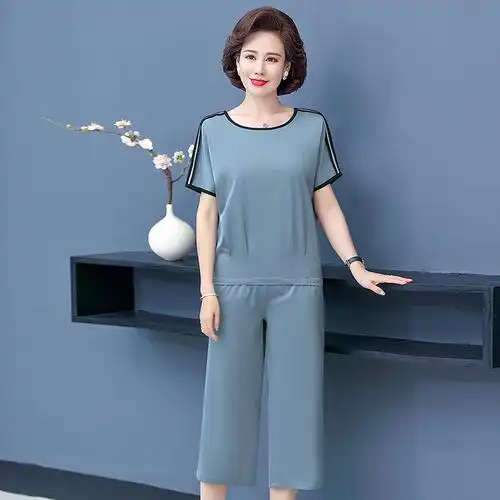 妈妈装夏季短袖中老年人套装女时尚上衣服新款休闲大码休闲两件套