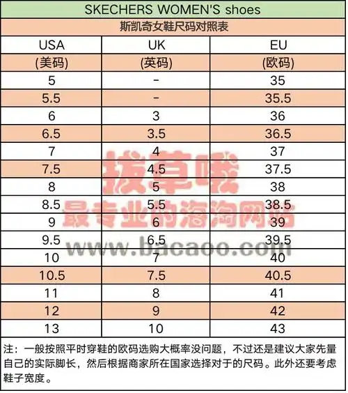 斯凯奇女鞋尺码对照表-拔草哦
