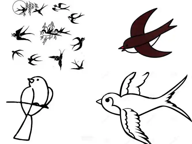 燕子的简笔画画法: 羽毛蓝黑色,腹部白色,翅膀尖而长,尾巴分叉像张开