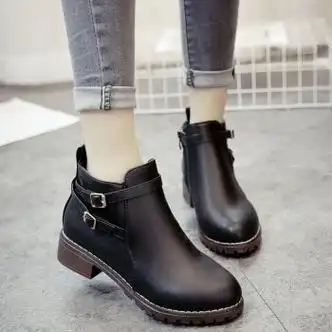桂杉格英伦风马丁靴女鞋新款中粗跟加绒皮靴子女冬季短靴女春秋a2黑色