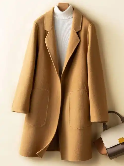 姜黄色秋冬纯羊毛双面呢大衣女中长款修身毛呢显瘦外套大码西装领