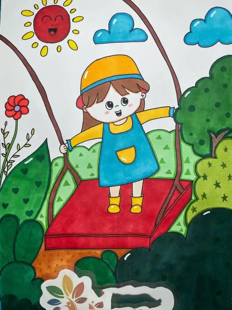 儿童创意美术 马克笔画 荡秋千的小女孩 立秋了,天气慢慢凉快了,去