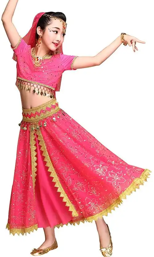 肚皮舞服宝莱坞连衣裙 - 雪纺印度舞蹈服装万圣节服装带头纱女/女孩