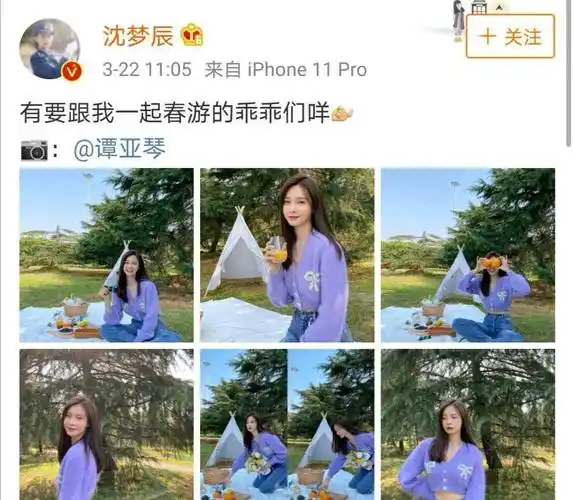 原创沈梦辰晒春游照薰衣草紫针织衫搭牛仔裤清新甜美30岁像18岁