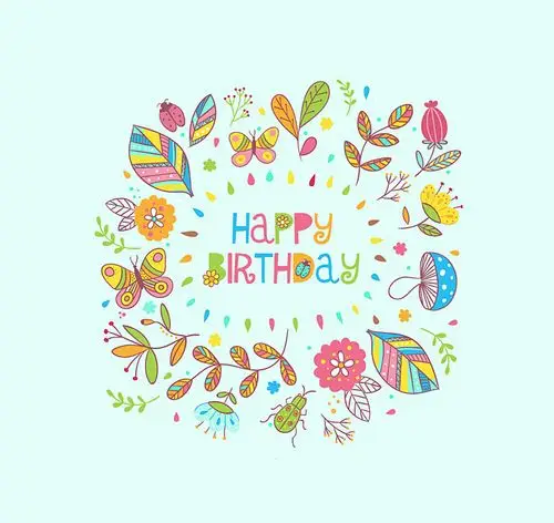 卡通花卉生日贺卡矢量素材下载,卡片,happybirthday,水滴,花卉,蝴蝶