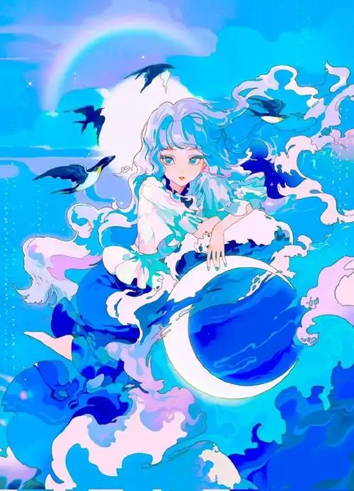 唯美梦幻的蓝色系少女插画
