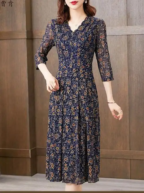 cken夏天台湾纱妈妈高档连衣裙女新款中老年50岁洋气遮肚网纱裙子图片