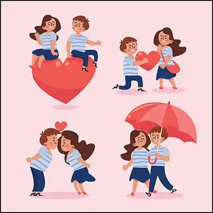 4款情人节穿情侣装恩爱的卡通人物插图矢量素材_插画图片