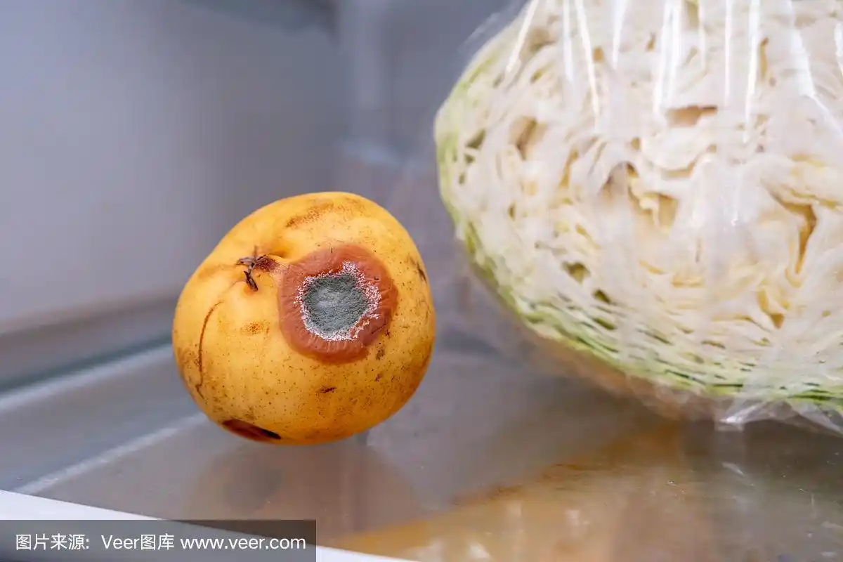 腐烂的梨子躺在冰箱里,水果发霉过期,适当的食物储存观念