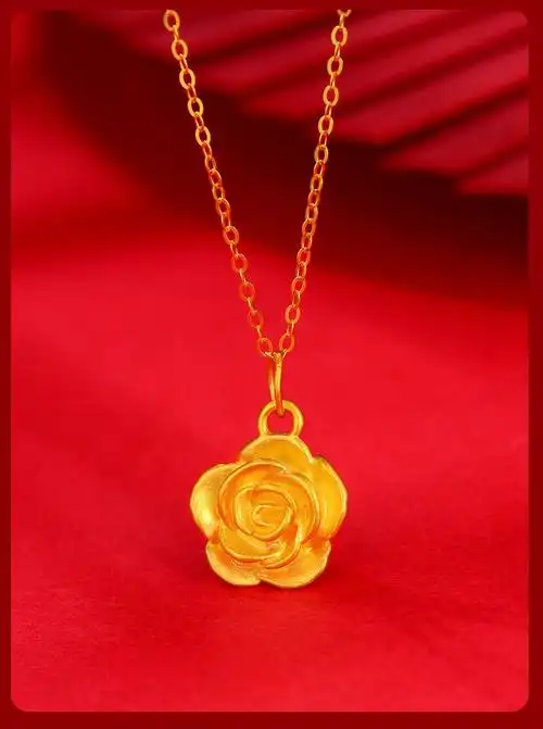 忆生生 黄金项链女款玫瑰花足金莲花吊坠套链节日生日礼物送女友老婆