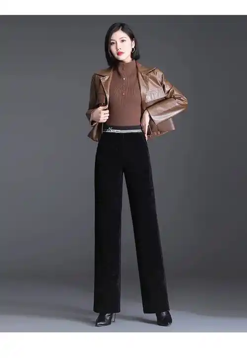 恒源祥雪尼尔阔腿裤女高腰秋冬加绒条绒宽松灯芯绒直筒裤子女士女式