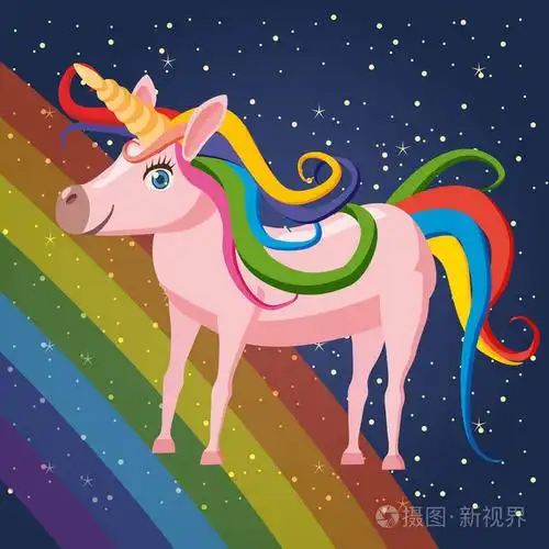 可爱的卡通独角兽在背景空间彩虹插图矢量孤立