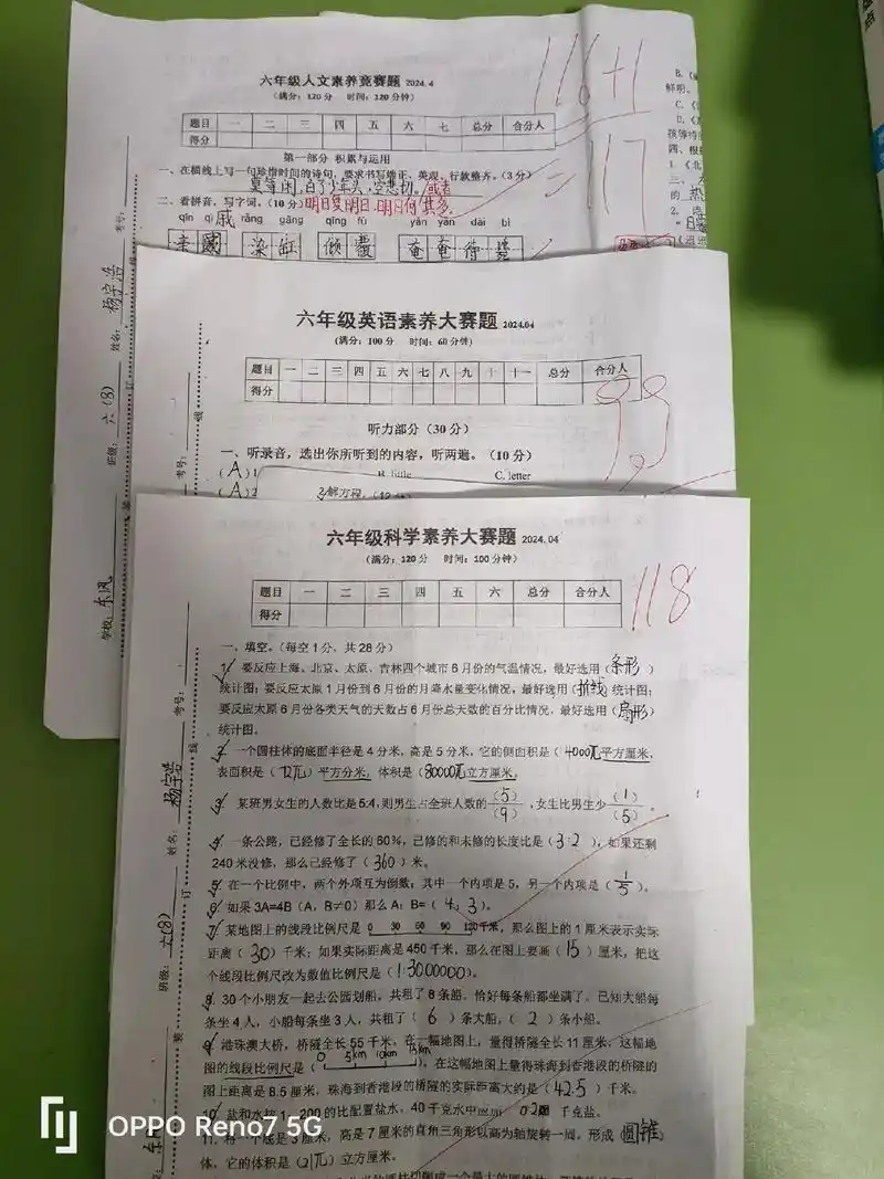 六年级 期中考试成绩出来了,英语扣1分, 数学扣2分,语文扣3分