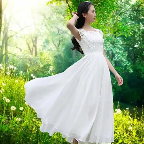 仙女白色雪纺飘逸大摆长裙复古连衣裙伴娘晚礼服学生合唱演出服装