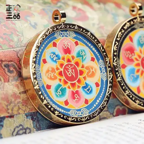 正观三品 唐卡 黄财神咒轮六字真言 纯手绘 招财平安小唐卡吊坠