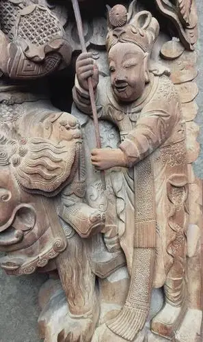 老木雕— 东阳工 清代『神荼 郁垒』武将骑狮 大尺寸 人物典