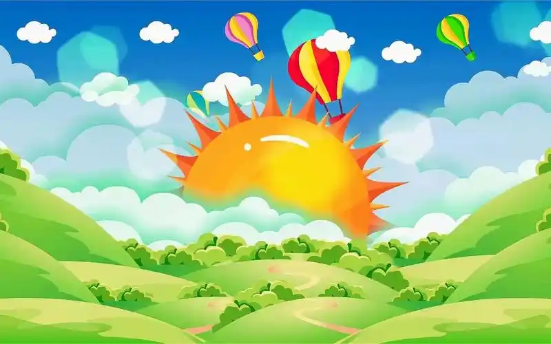 k2865 唯美卡通蓝天白云太阳公公气球青山绿水动画六一儿童节幼儿园