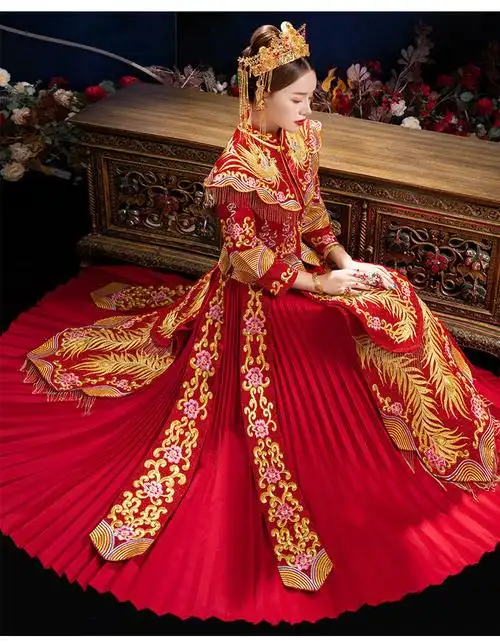 凤冠霞帔新娘中式礼服结婚嫁衣修身披肩禾秀服名门新娘金凤披肩款xs