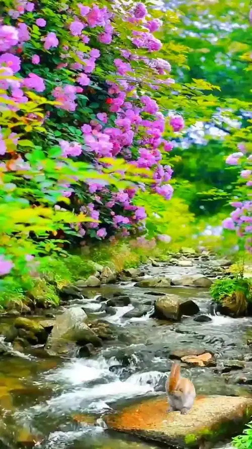 夏天,小溪里潺潺流动的水清澈透明,在绿草鲜花的簇拥下向前奔流