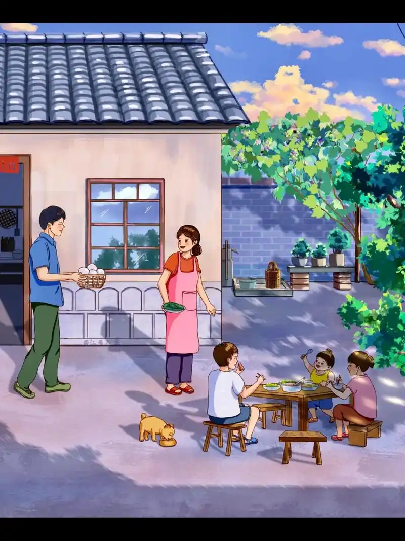 57/100童年回忆系列插画《乡下人家》 下午画画,小外甥说像他们课本上