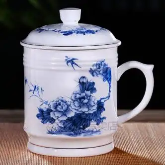 陶瓷水杯特大号茶杯老板杯办公杯带盖瓷杯个人杯子大燕子牡丹霸王杯