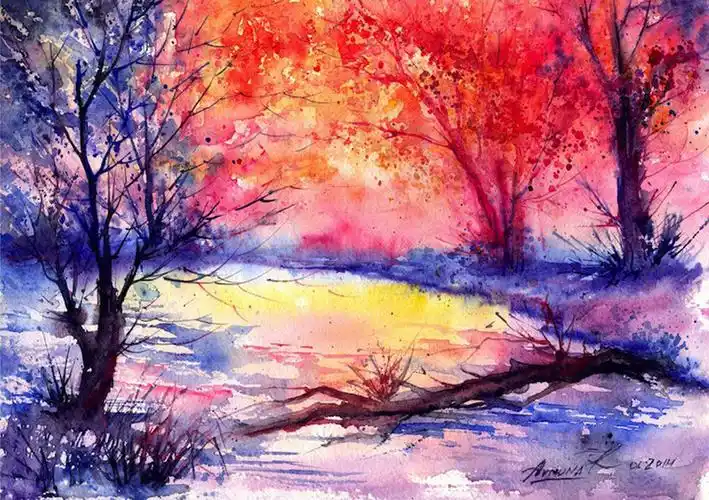 colorful watercolor paintings of radiant trees in nature