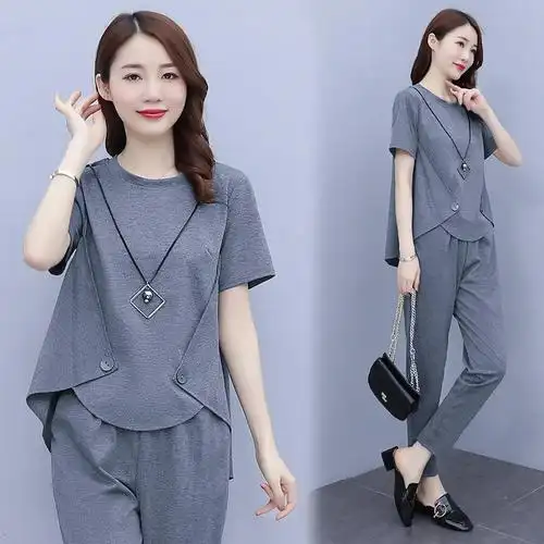 大码女装夏装休闲减龄套装2022年新款女胖妹妹遮肚显瘦时尚两件套