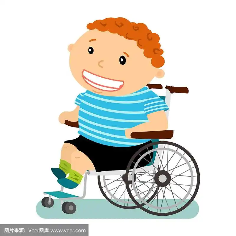 坐在轮椅上的残疾男孩.矢量卡通扁平人物孤立在白色背景.
