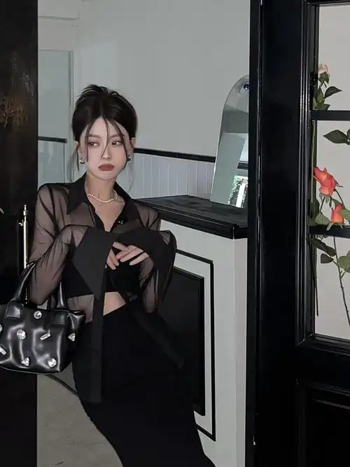 黑色薄纱透视性感防晒衬衫外套女夏季设计感小众气质长袖上衣 - 17网