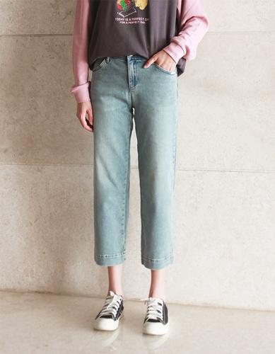 minibrand新款春款浅色松紧腰中高腰9分超级显瘦直筒舒适牛仔裤