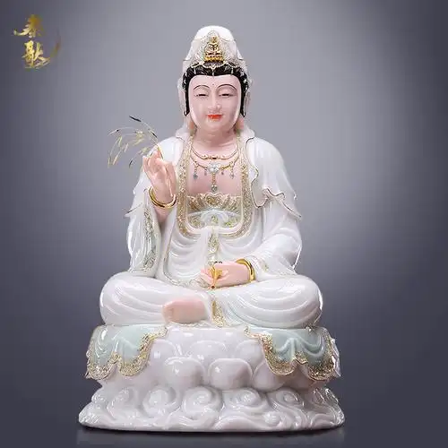 秦歌观音佛像汉白玉南海观世音菩萨神像娑婆三圣供奉客厅摆件大号