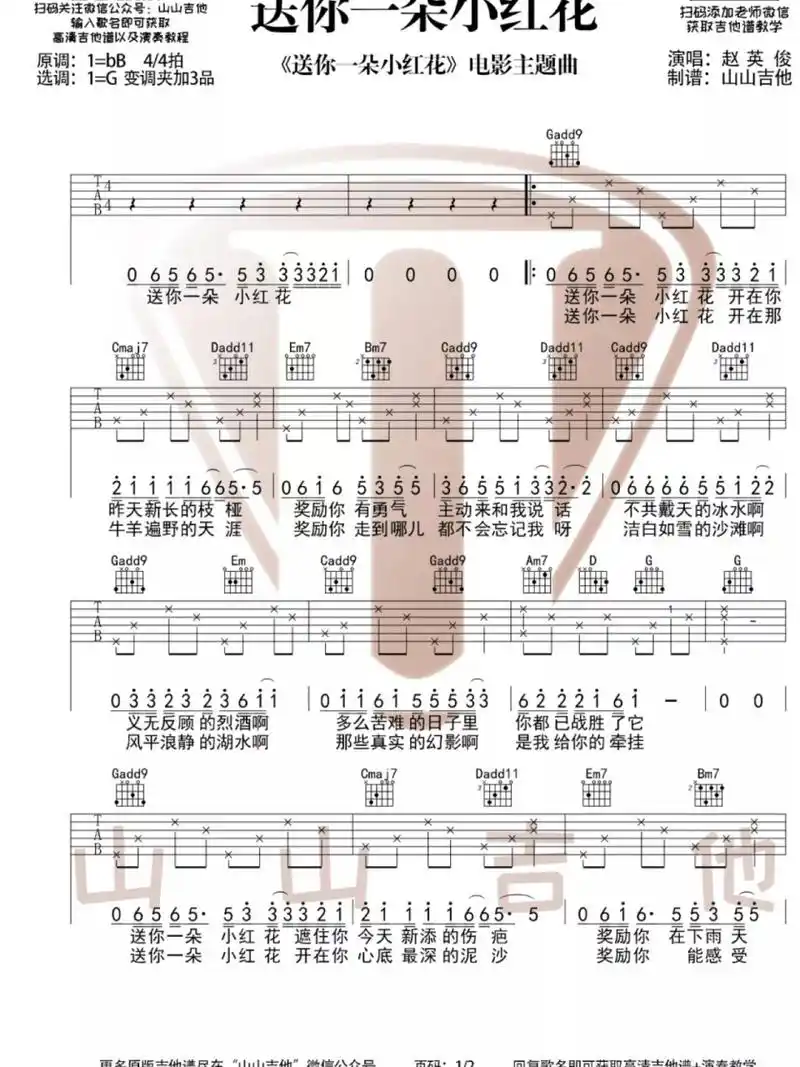 《送你一朵小红花》吉他谱 比较简单的歌,适合新手料子