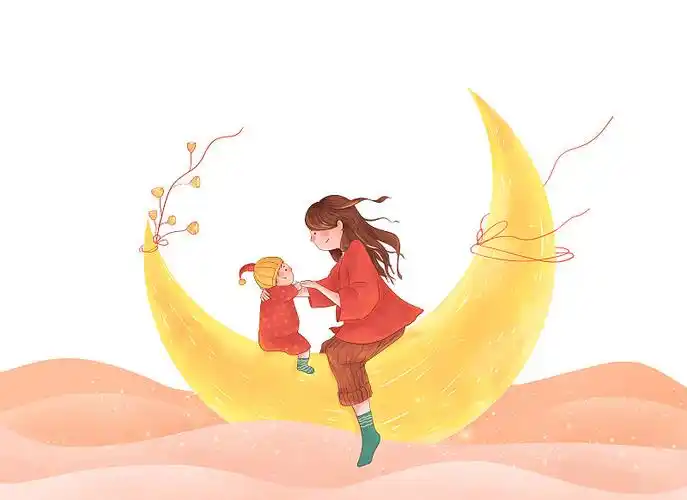 月亮上的母女背影温馨母亲节插画紫色2