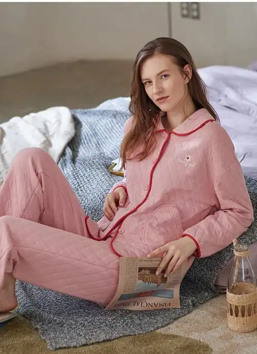 秋鹿睡衣女冬季夹棉开衫长袖休闲女士睡衣保暖格子家居服套装香芋紫